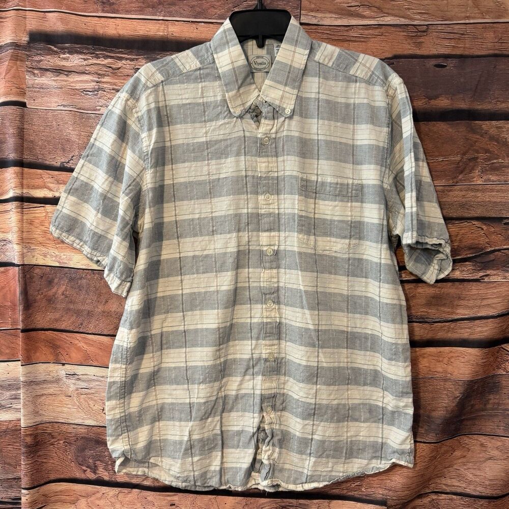 Viyella Mens Large Blue White Plaid Button Down Shirt Zephyr Short Sleeve Cotton